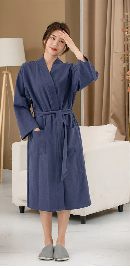 Peignoir Kimono en Coton et Lin bleu
