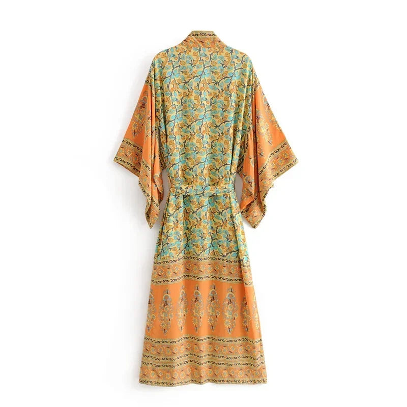 Robe Kimono Orange à Manches Chauve-souris fleuri