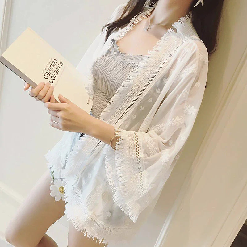 Kimono Court Blanc à Franges