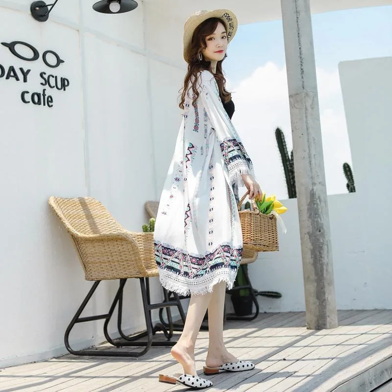 Veste Kimono Femme Blanche à Franges