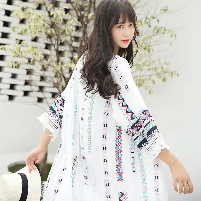 Veste Kimono Femme Blanche à Franges élégante