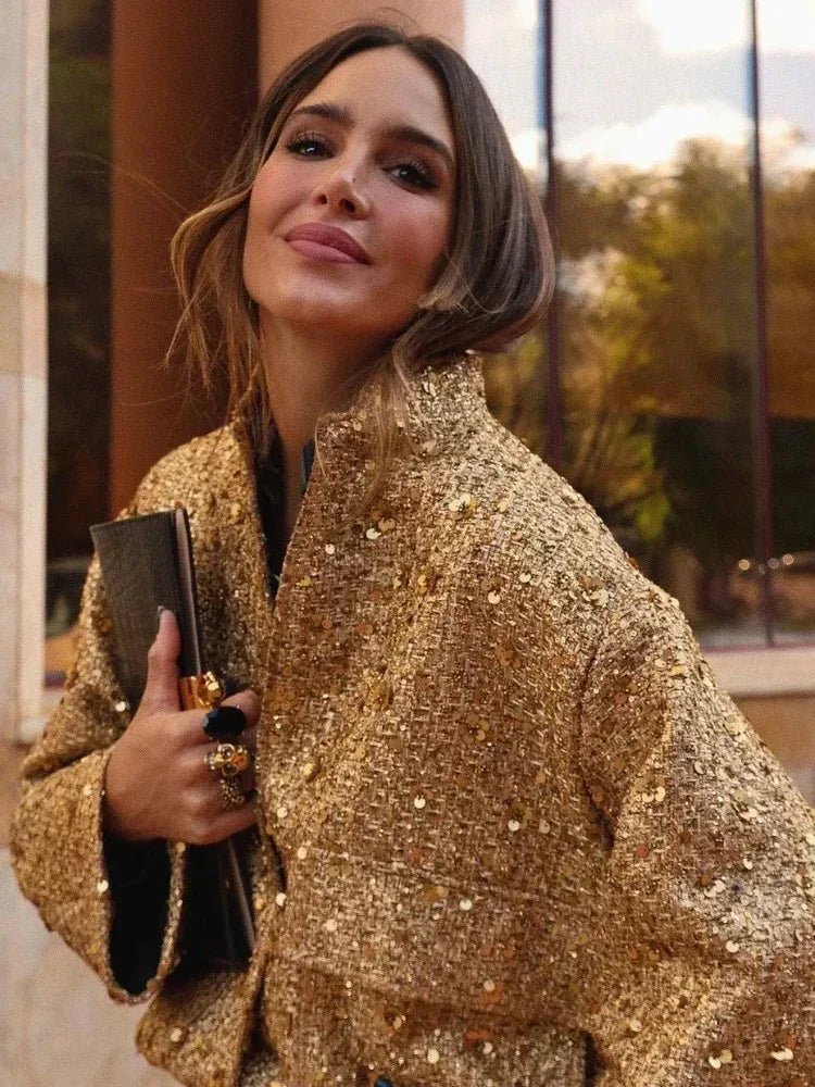 Veste Kimono Dorée à Paillettes Ample