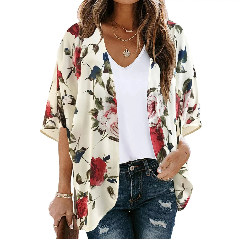Veste Kimono Rose à Motifs Fleurs