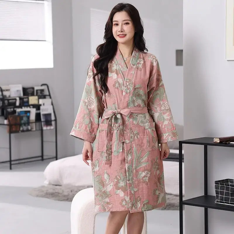 Kimono Femme Nuit Coton Rose