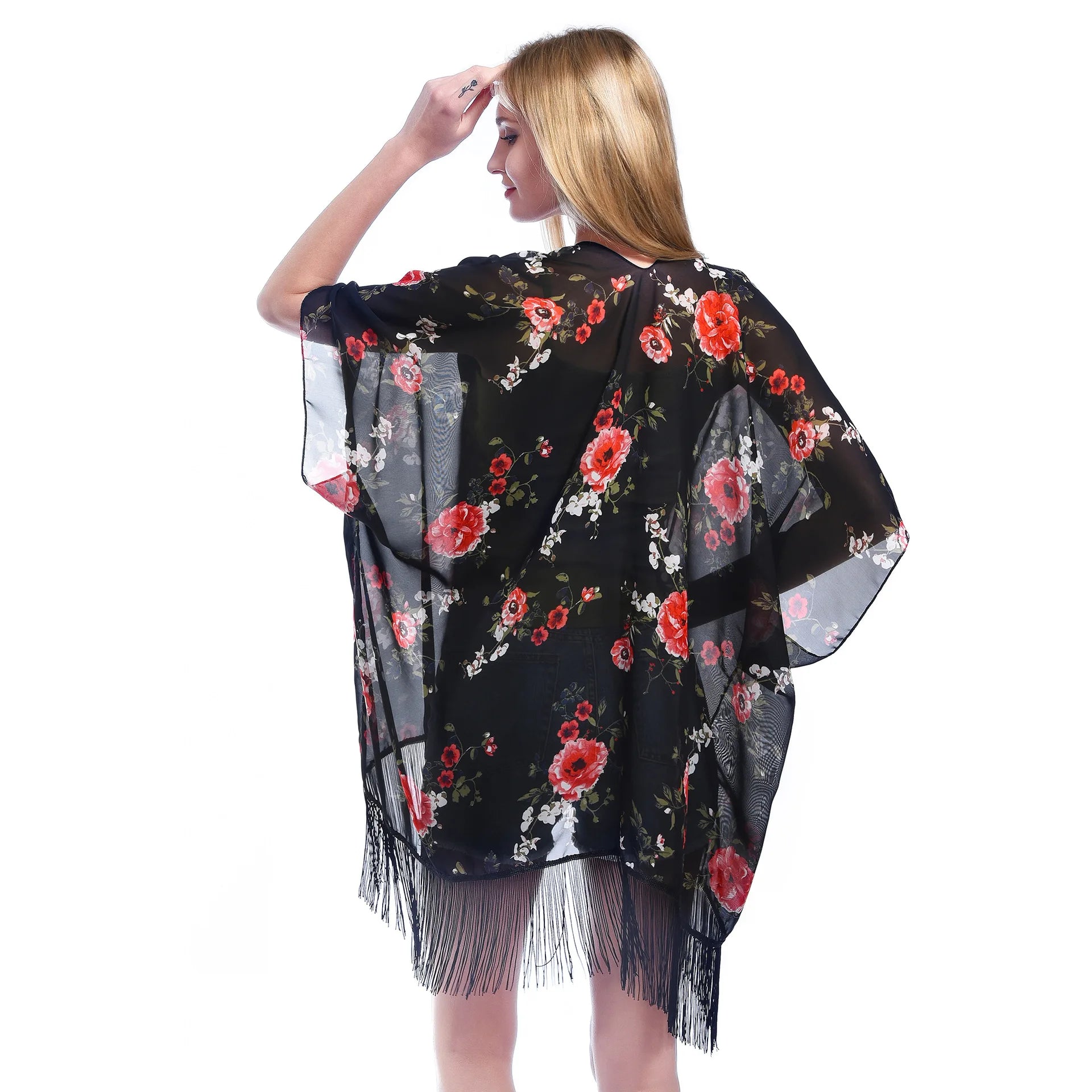 Kimono Mi Long Noir Fleuri