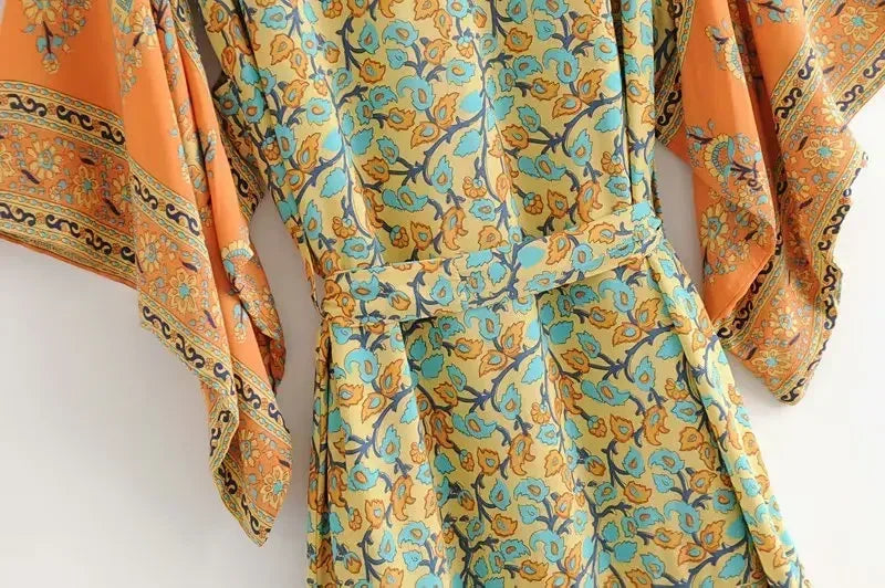Robe Kimono Orange à Manches Chauve-souris imprimé