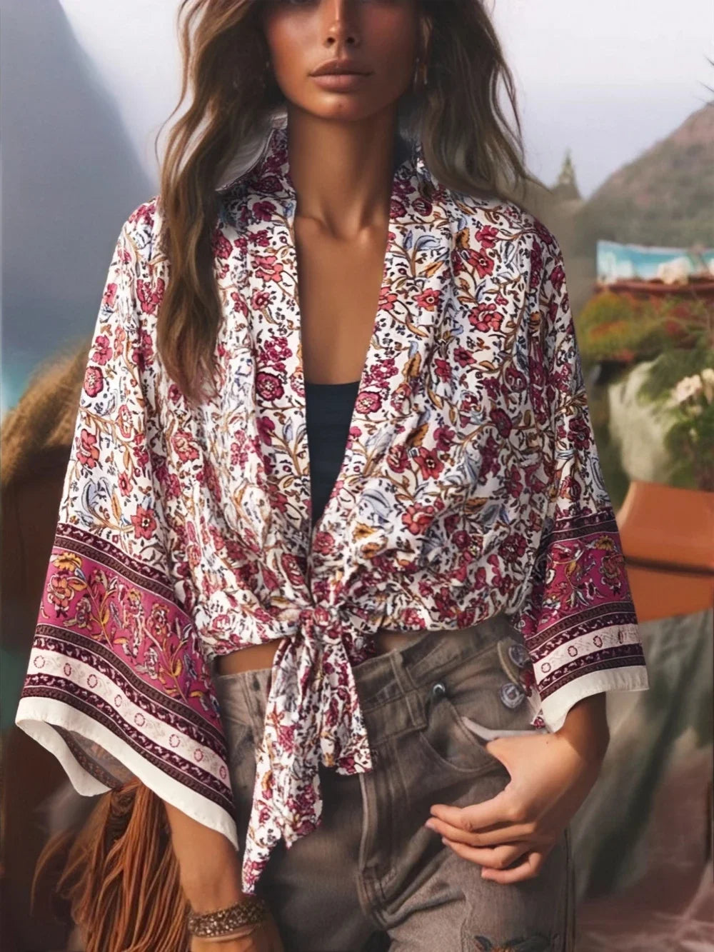 Kimono de Plage Court Rose