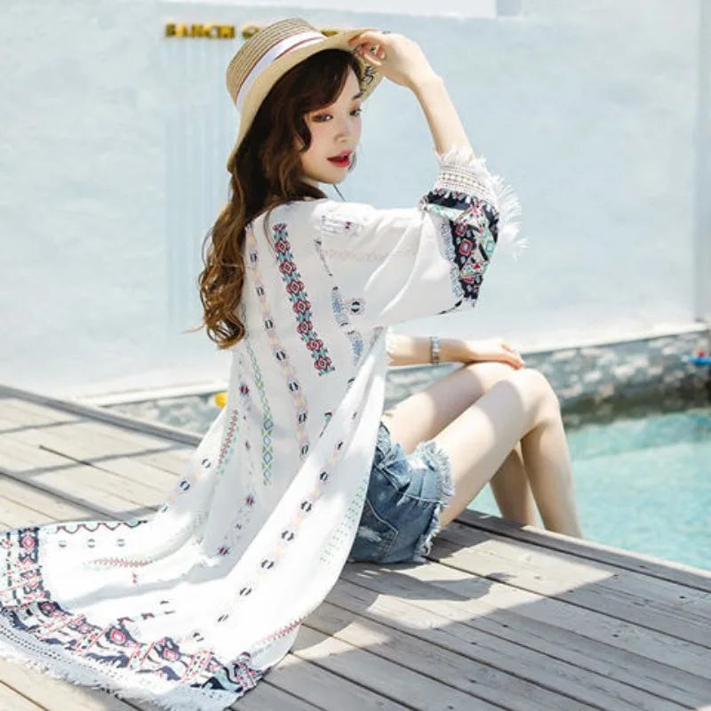 Veste Kimono Femme Blanche à Franges légère