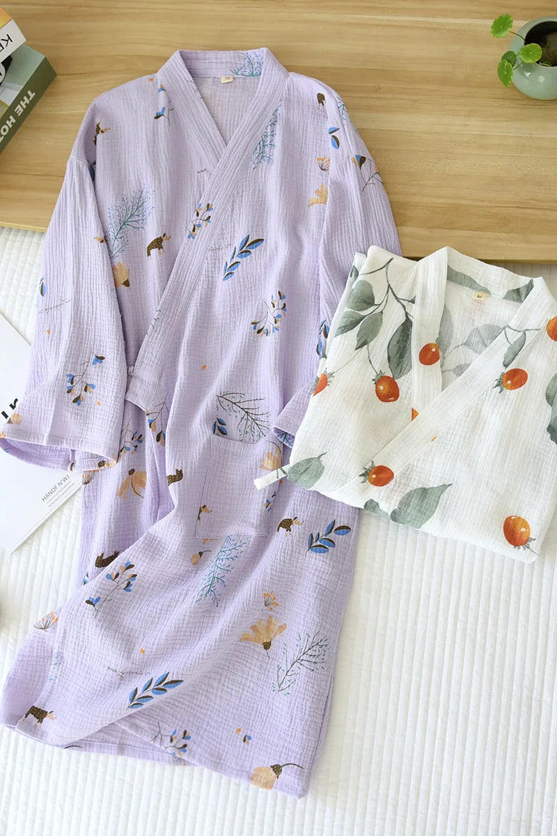 Robe Pyjama Kimono Coton Crêpe Mauve