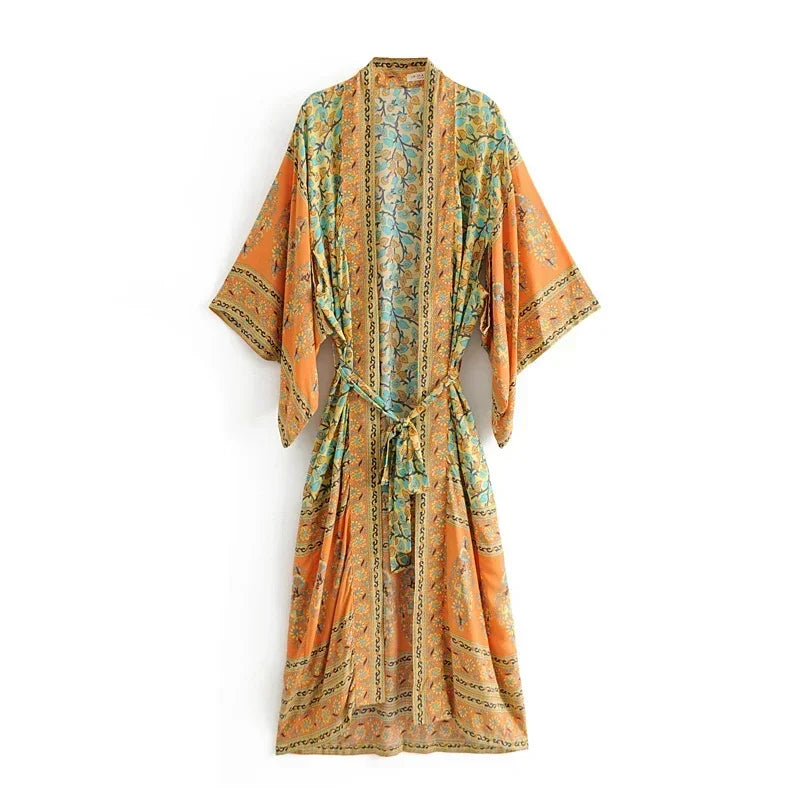 Robe Kimono Orange à Manches Chauve-souris long