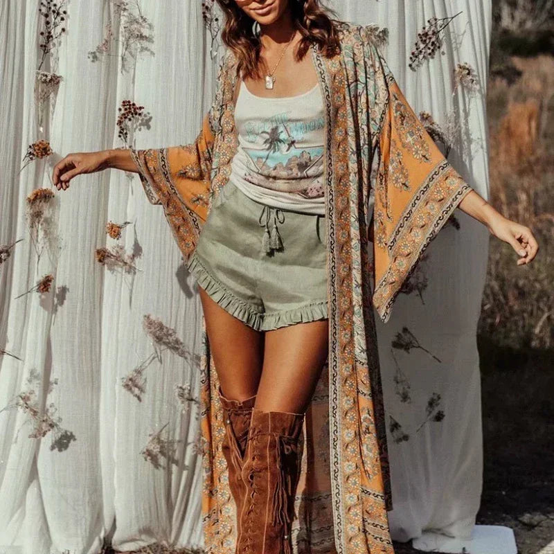 Robe Kimono Orange à Manches Chauve-souris