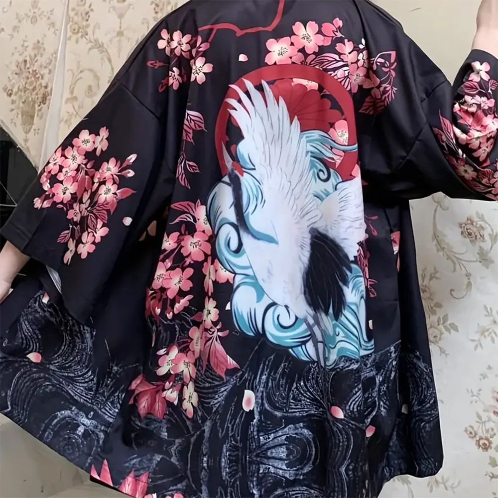 Veste Kimono Japonaise Noire Florale Cool