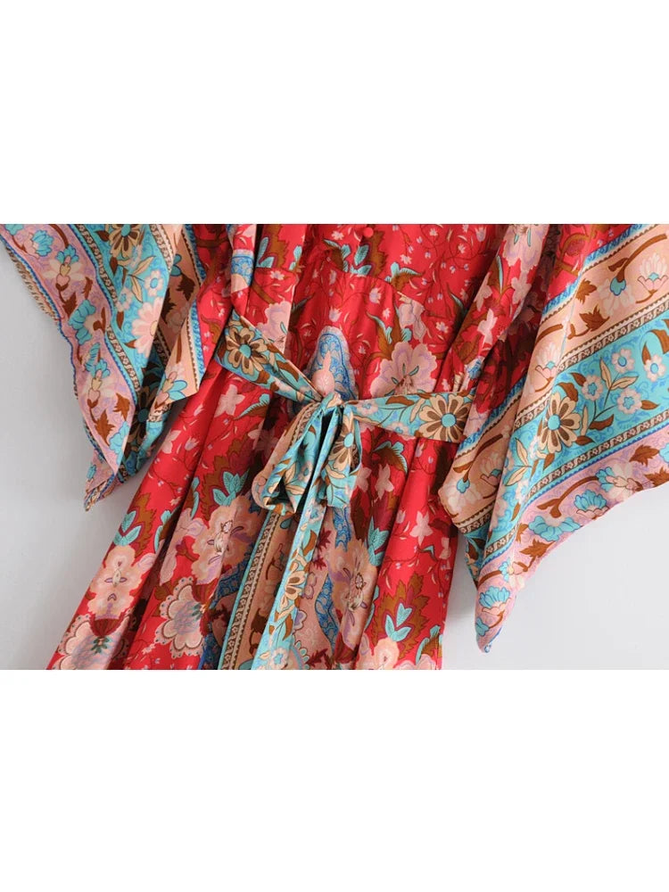 Robe Kimono Boho Rouge à Motifs chic