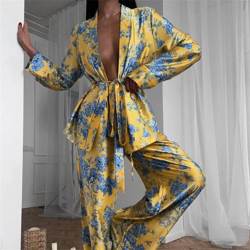 Pyjama Kimono Jaune Sexy ensembe 2 pièces