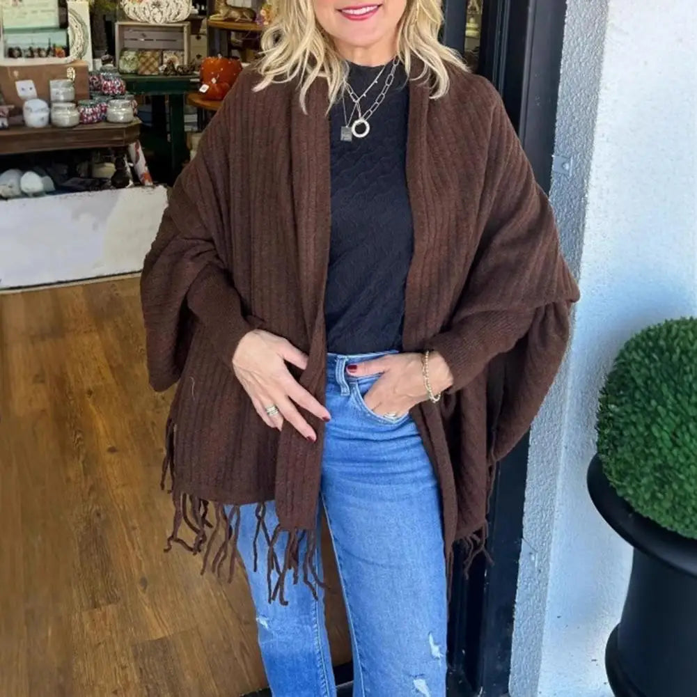 Cardigan Veste Kimono à Franges Marron