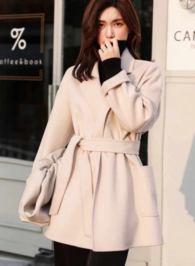 Manteau Court Beige Femme Laine