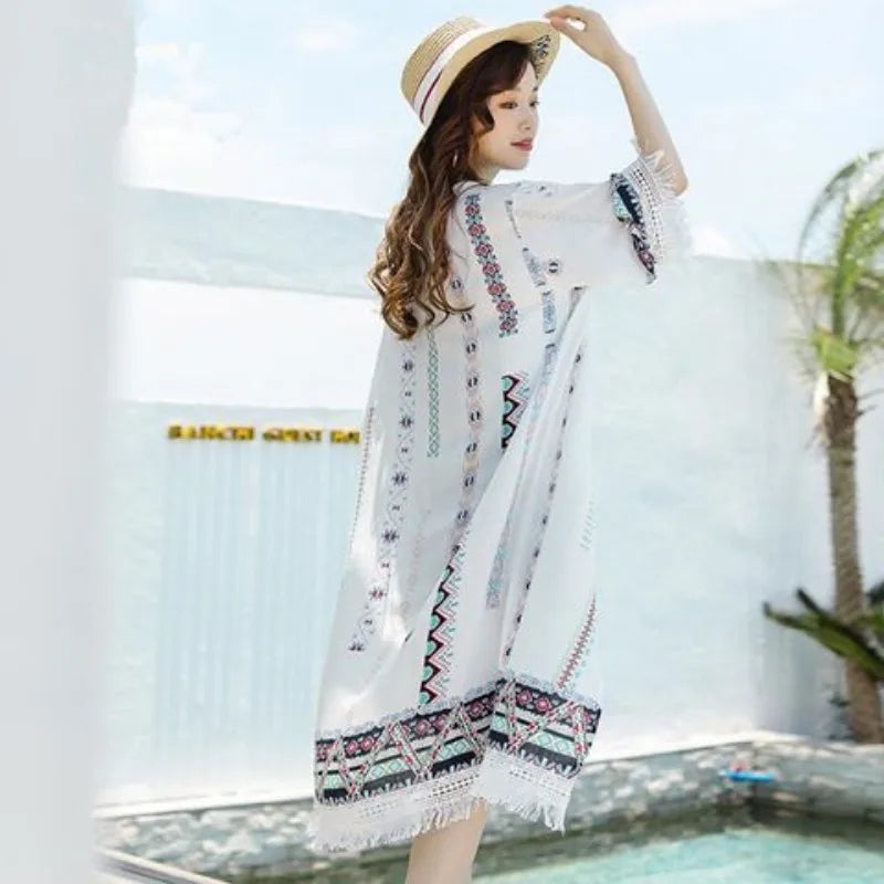 Veste Kimono Femme Blanche à Franges chic


