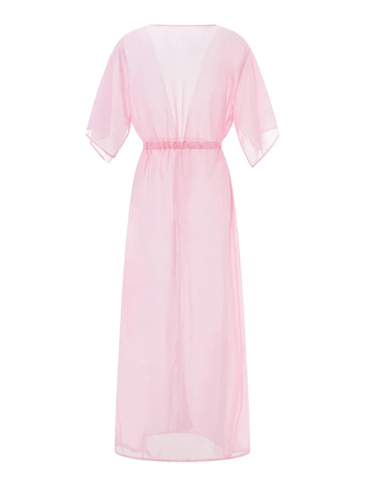Kimono de Plage Léger Rose en Mousseline transparent