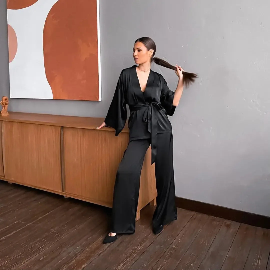 Ensemble Pyjama Kimono Pantalon Sexy Noir