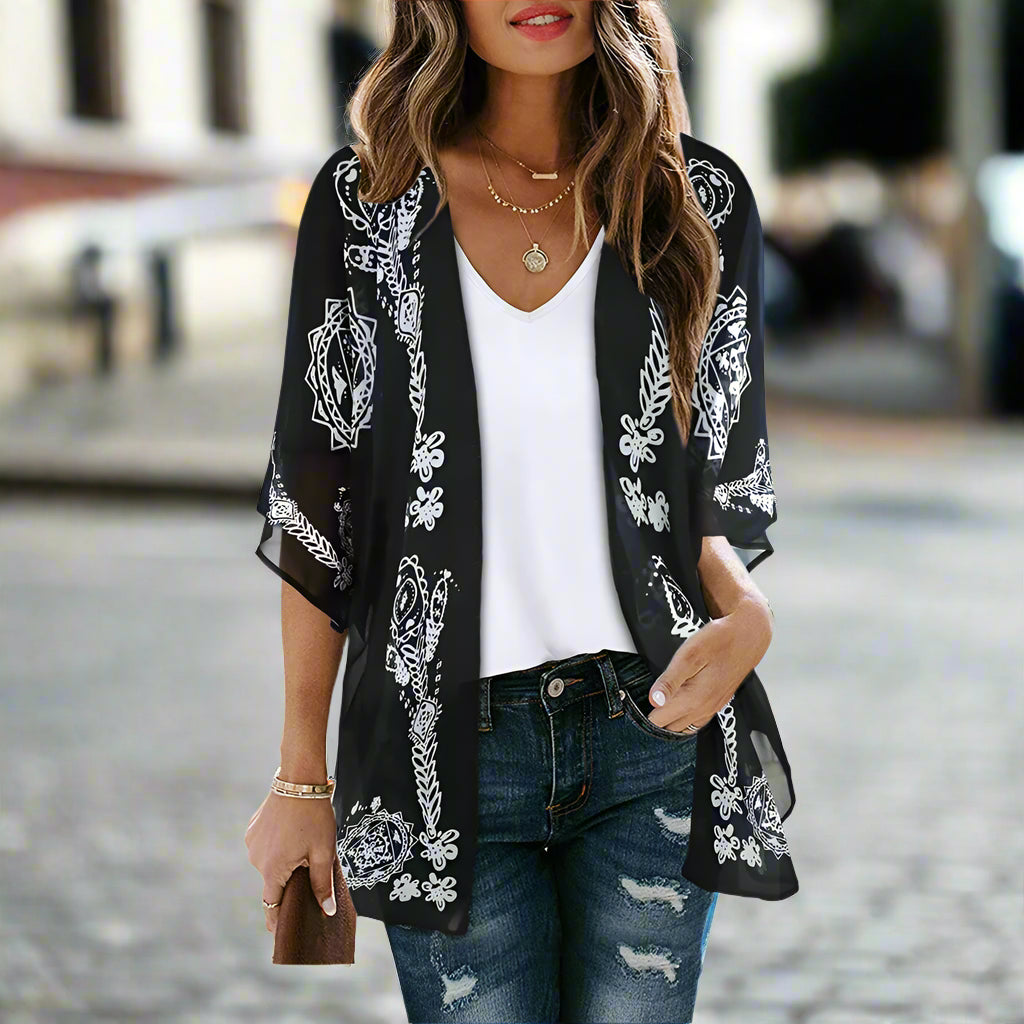 Veste Kimono Légère Noir et Blanc