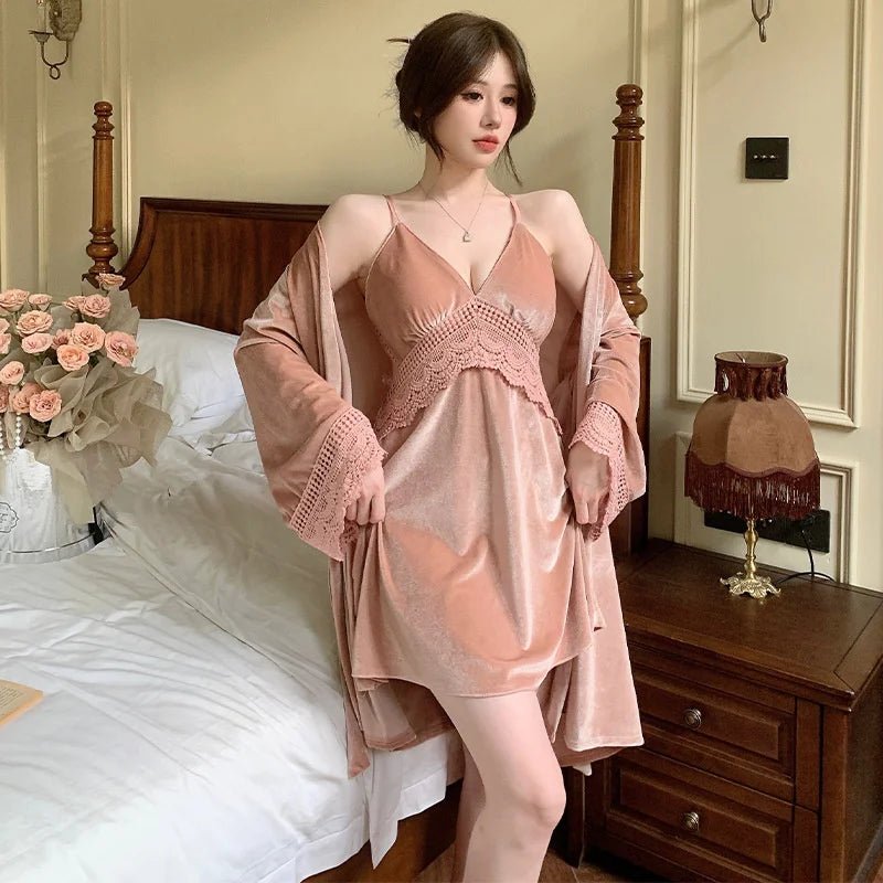 Ensemble Peignoir Kimono de Nuit Velouté Rose