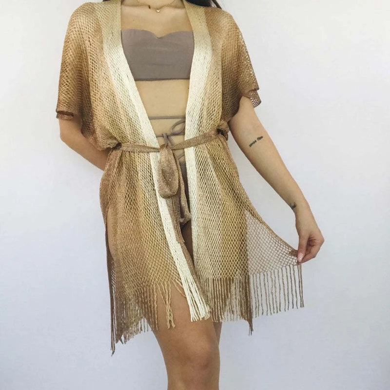 Kimono de Plage Gold à Franges