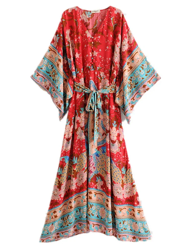 Robe Kimono Boho Rouge à Motifs léger