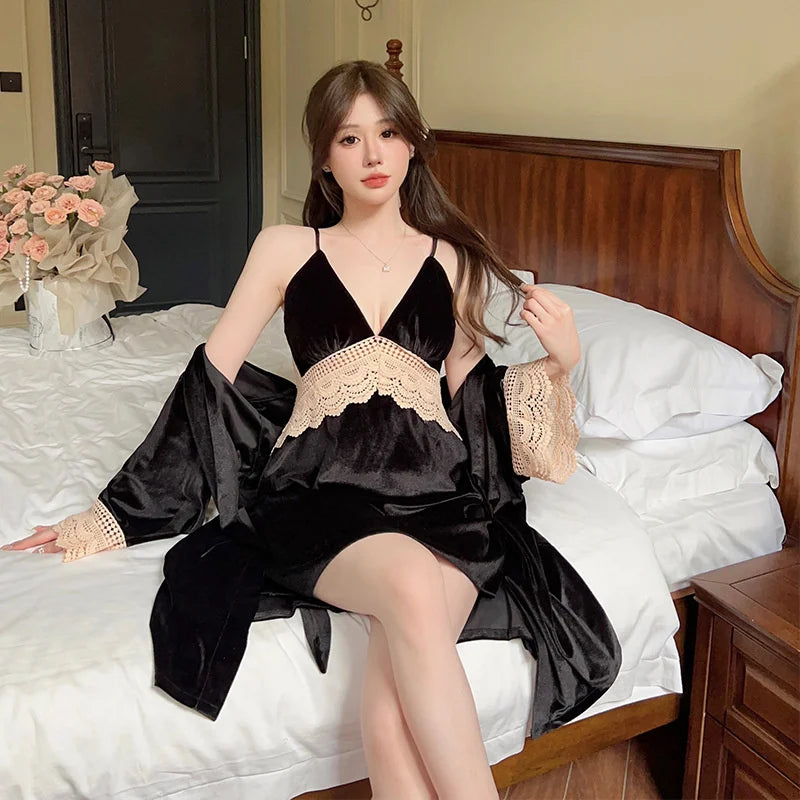 Ensemble Peignoir Kimono de Nuit Velouté Noir