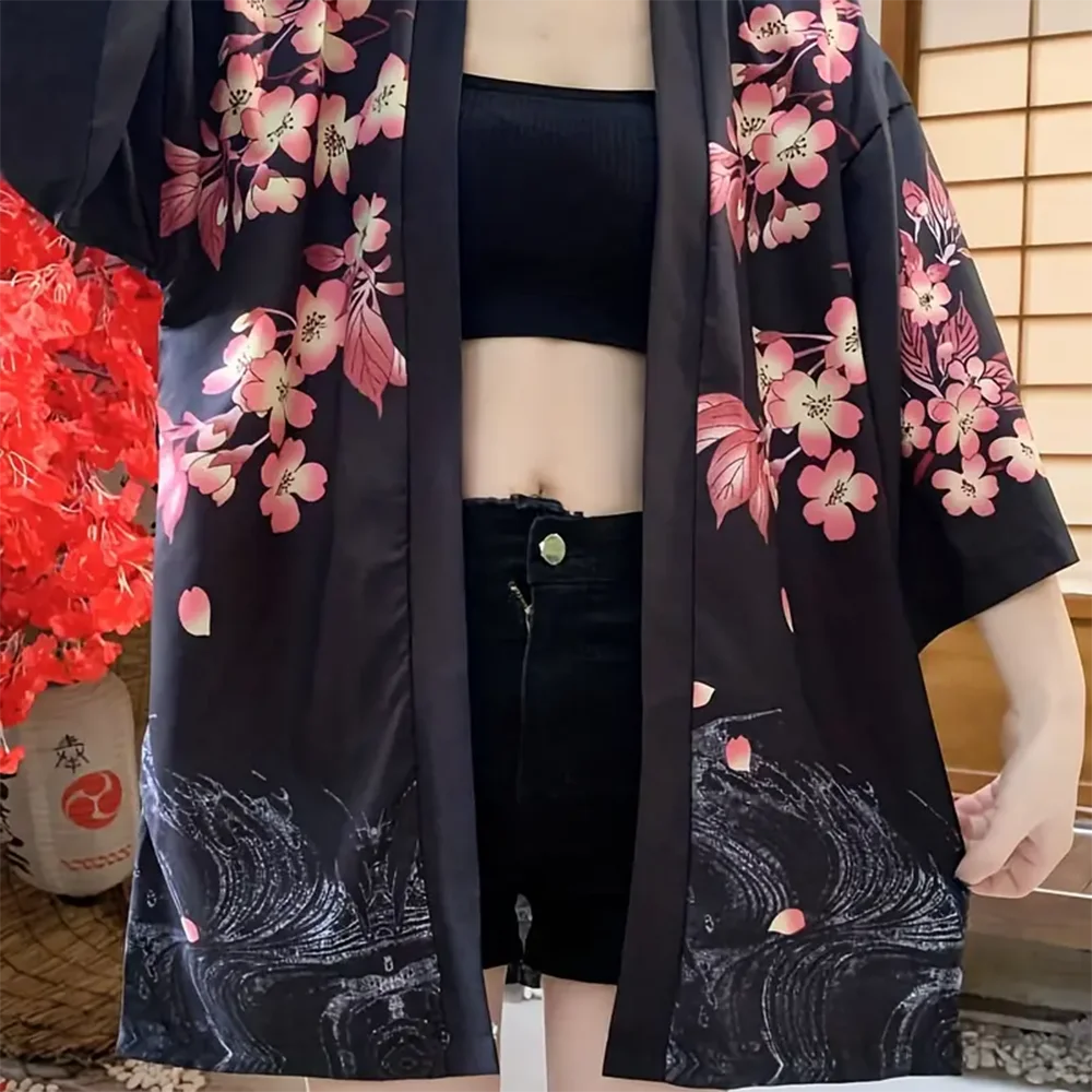 Veste Kimono Japonaise Noire Florale