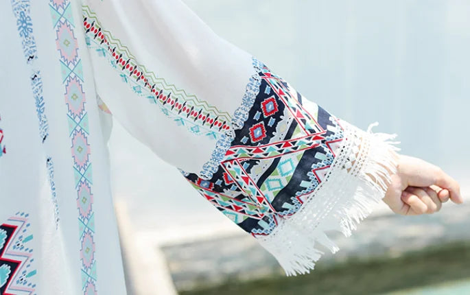 Veste Kimono Femme Blanche à Franges style plage