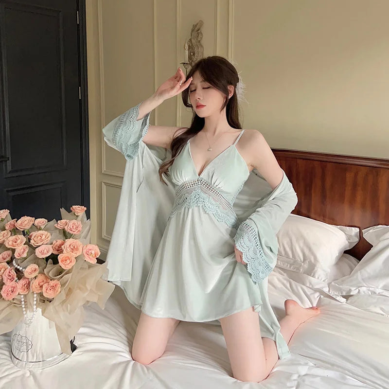 Ensemble Peignoir Kimono de Nuit Velouté Bleu
