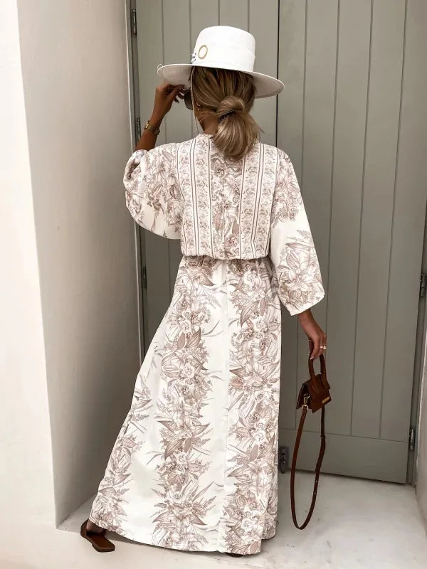 Robe Kimono Boutonnée Beige col en V