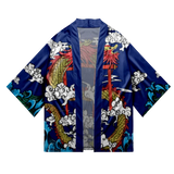 Veste Kimono Japonais Bleu Marine Soyeux