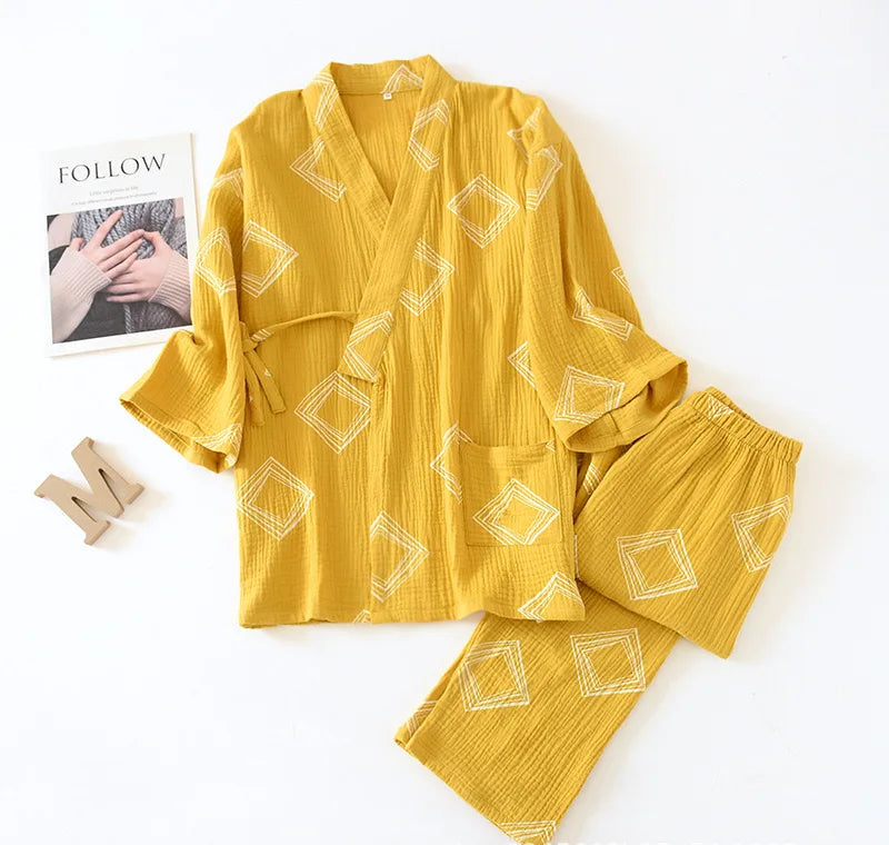 Pyjama Kimono en Coton Confortable jaune