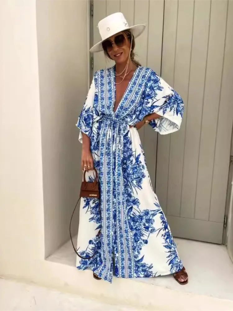 Robe Kimono Bleue Longue