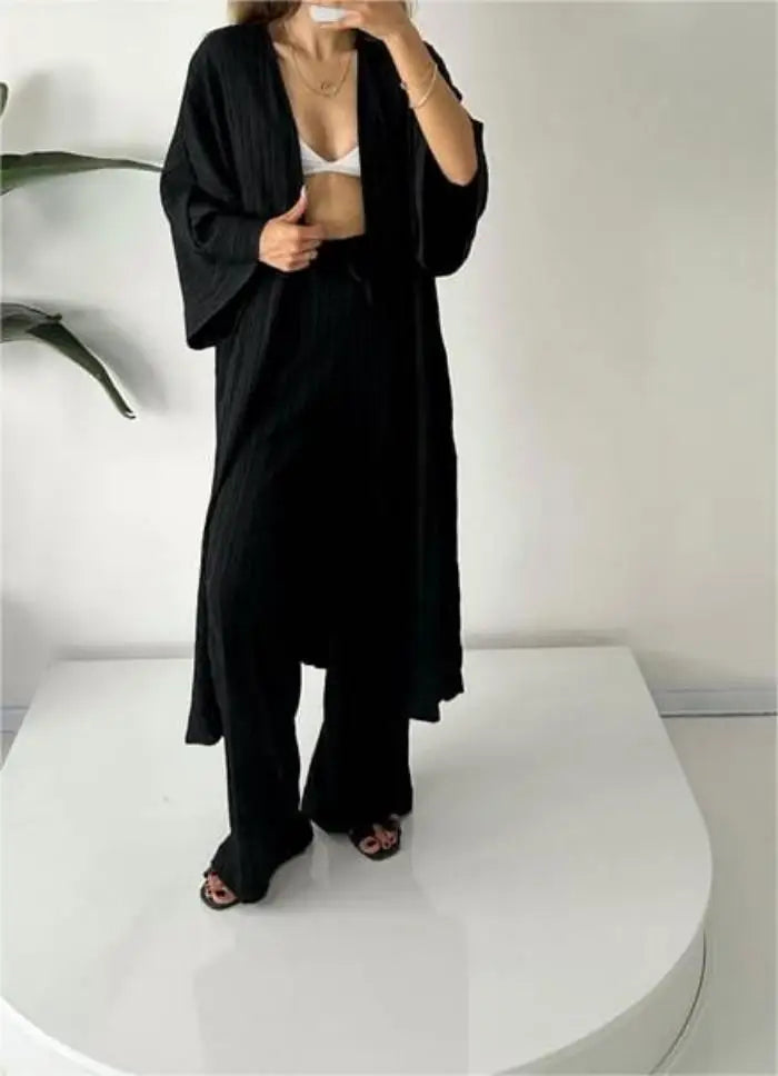 Ensemble Kimono Long Plissé Noir