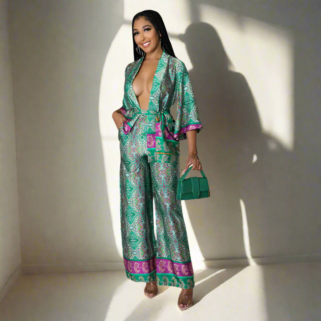 Ensemble Kimono Vert Imprimé