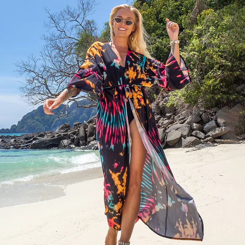 Kimono de Plage Noir à Motifs Colorés