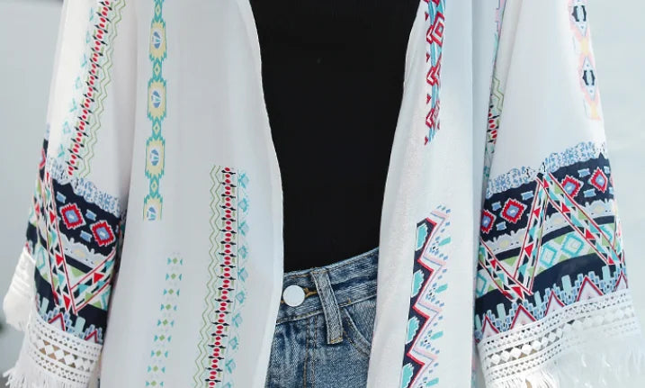 Veste Kimono Femme Blanche à Franges été