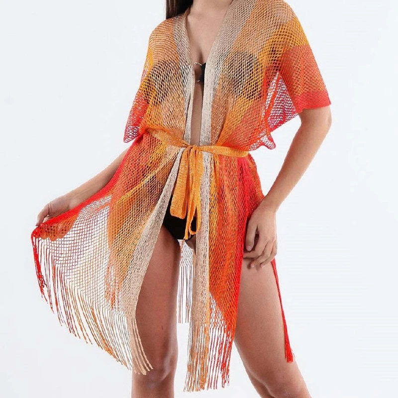 Kimono de Plage Orange à Franges
