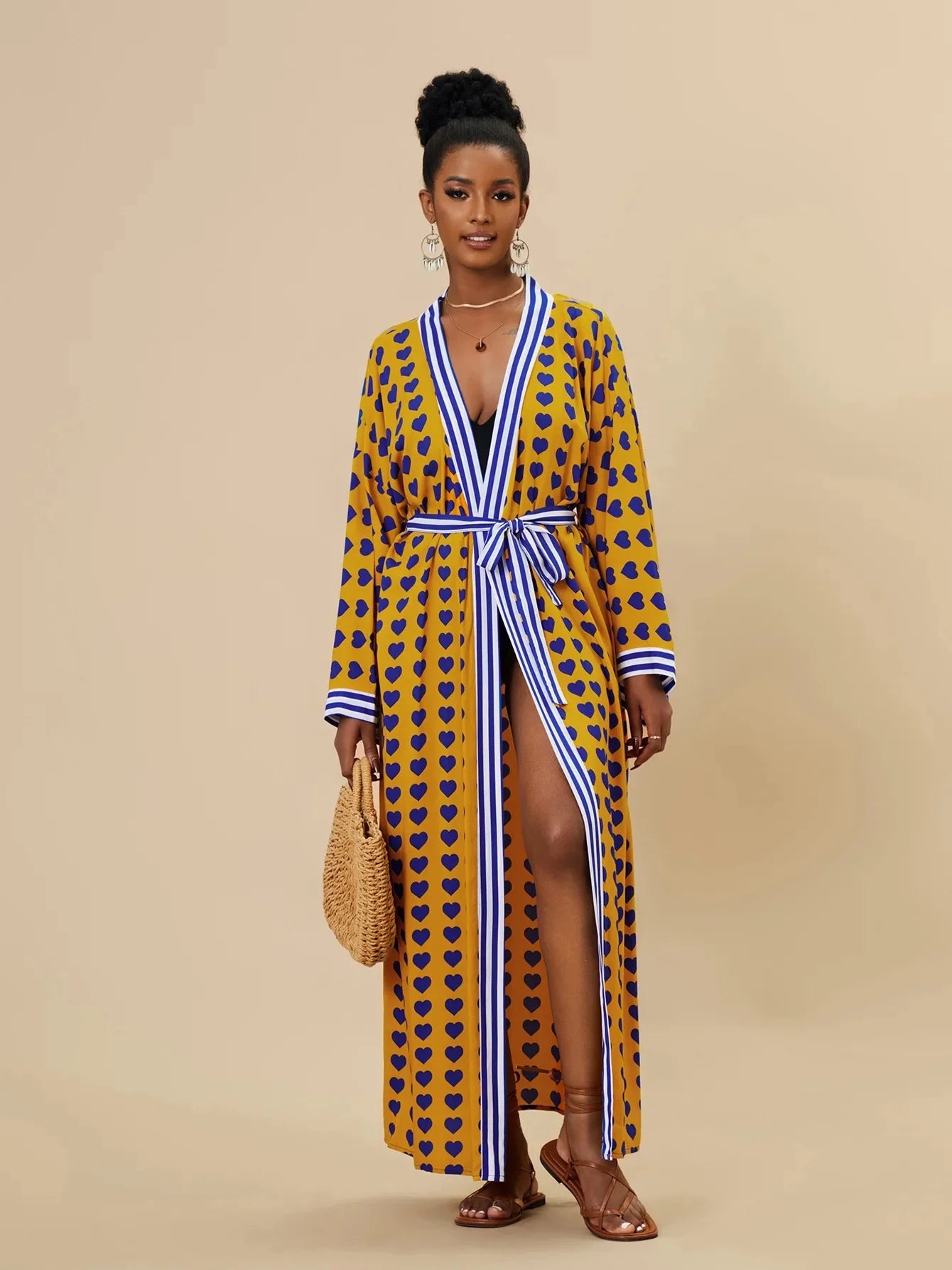 Kimono de Plage Jaune à Cœurs 