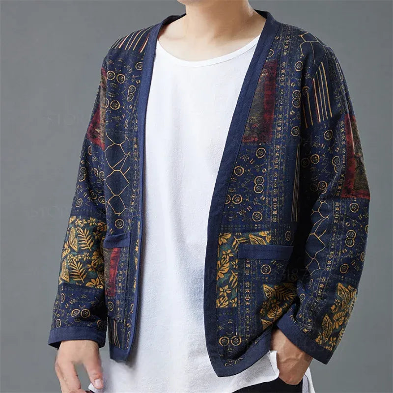 Veste Cardigan Kimono Bleu Rétro Design
