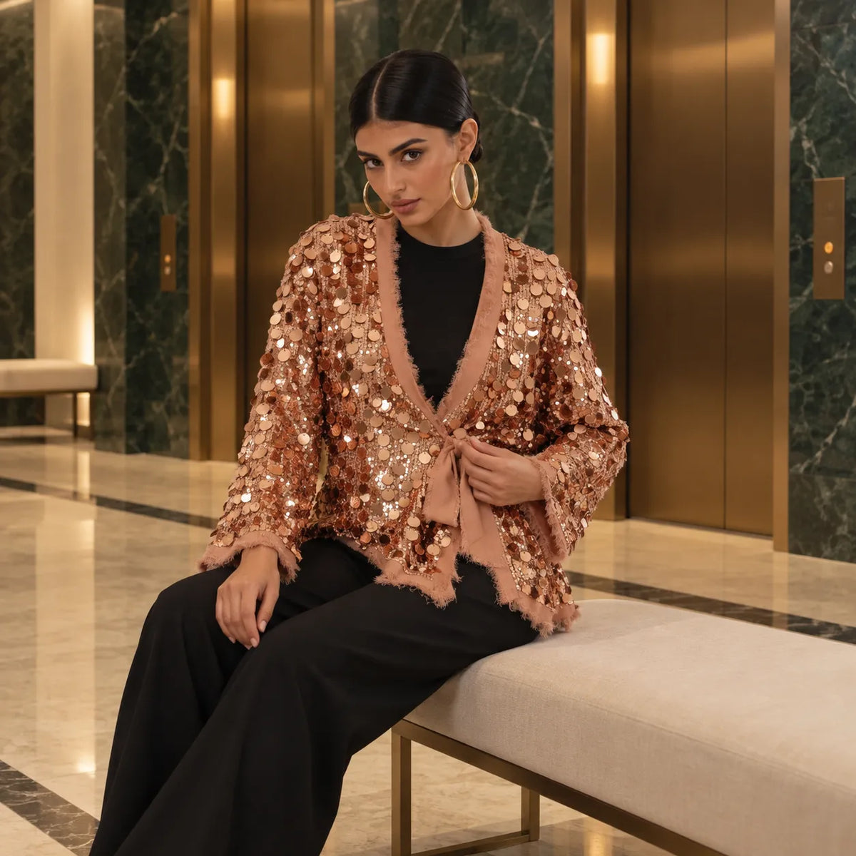 Veste Kimono Ample à Paillettes Dorées