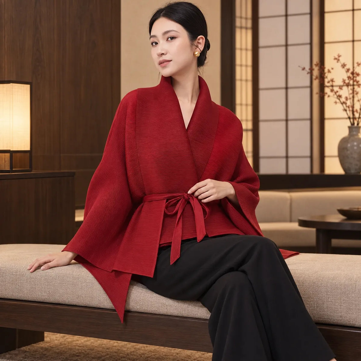 Veste Kimono Asymétrique Bordeaux Chic