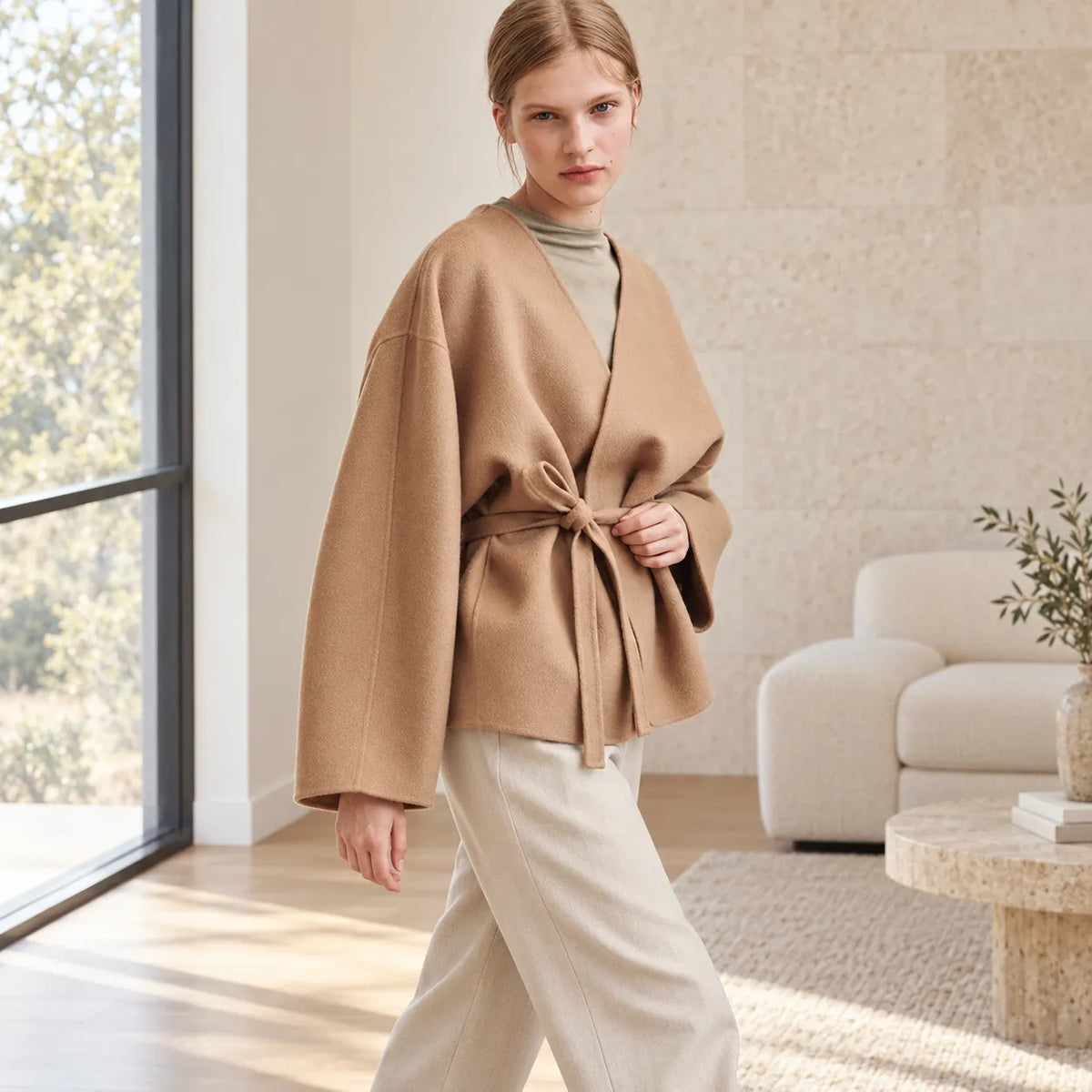 Veste Kimono Beige en Laine