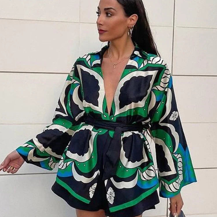 Veste Kimono Bohème Feuilles Vertes