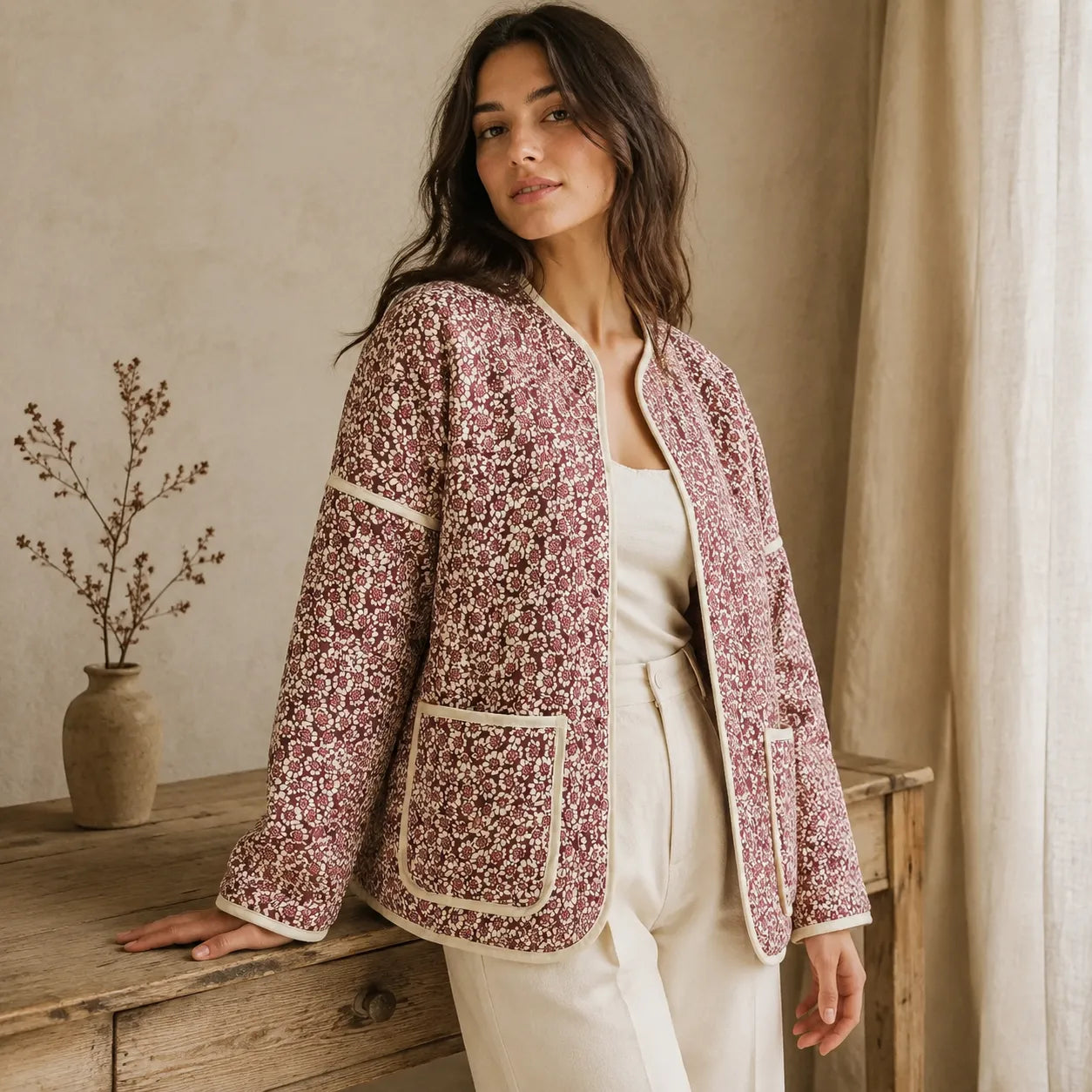 Veste Kimono Fleurie Rose Epaisse.
