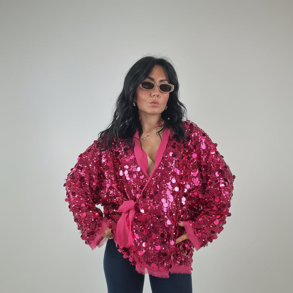 Veste Kimono Fuchsia à Paillettes Femme