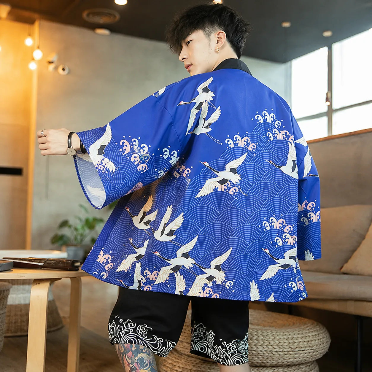Veste Kimono Grues Japonais Bleu Homme Stylé