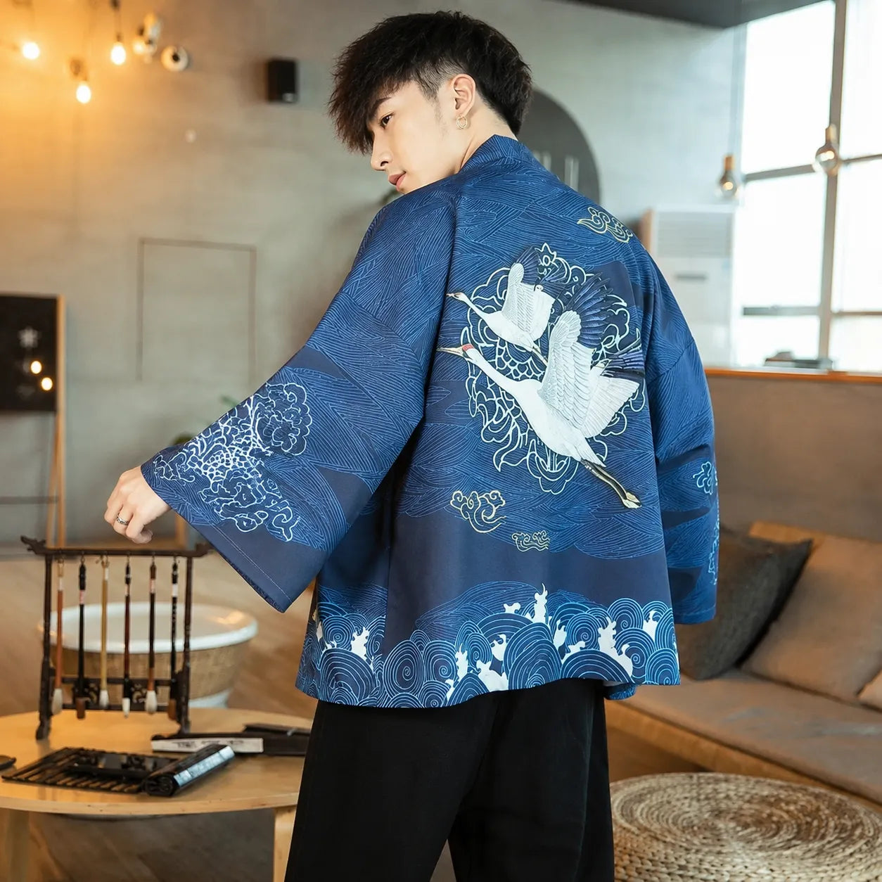 Veste Kimono Homme Bleue Grues Design